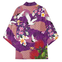 Hawaiian and Japanese Culture Together Kimono Purple Ohia Lehua Plumeria and Sakura Blooming - Polynesian Pride