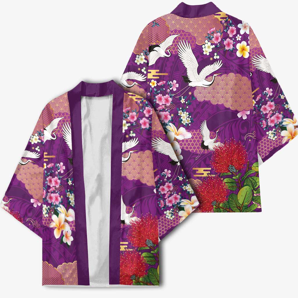 Hawaiian and Japanese Culture Together Kimono Purple Ohia Lehua Plumeria and Sakura Blooming - Polynesian Pride