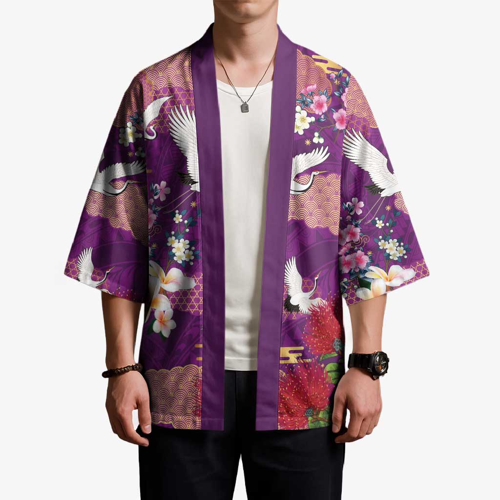 Hawaiian and Japanese Culture Together Kimono Purple Ohia Lehua Plumeria and Sakura Blooming - Polynesian Pride
