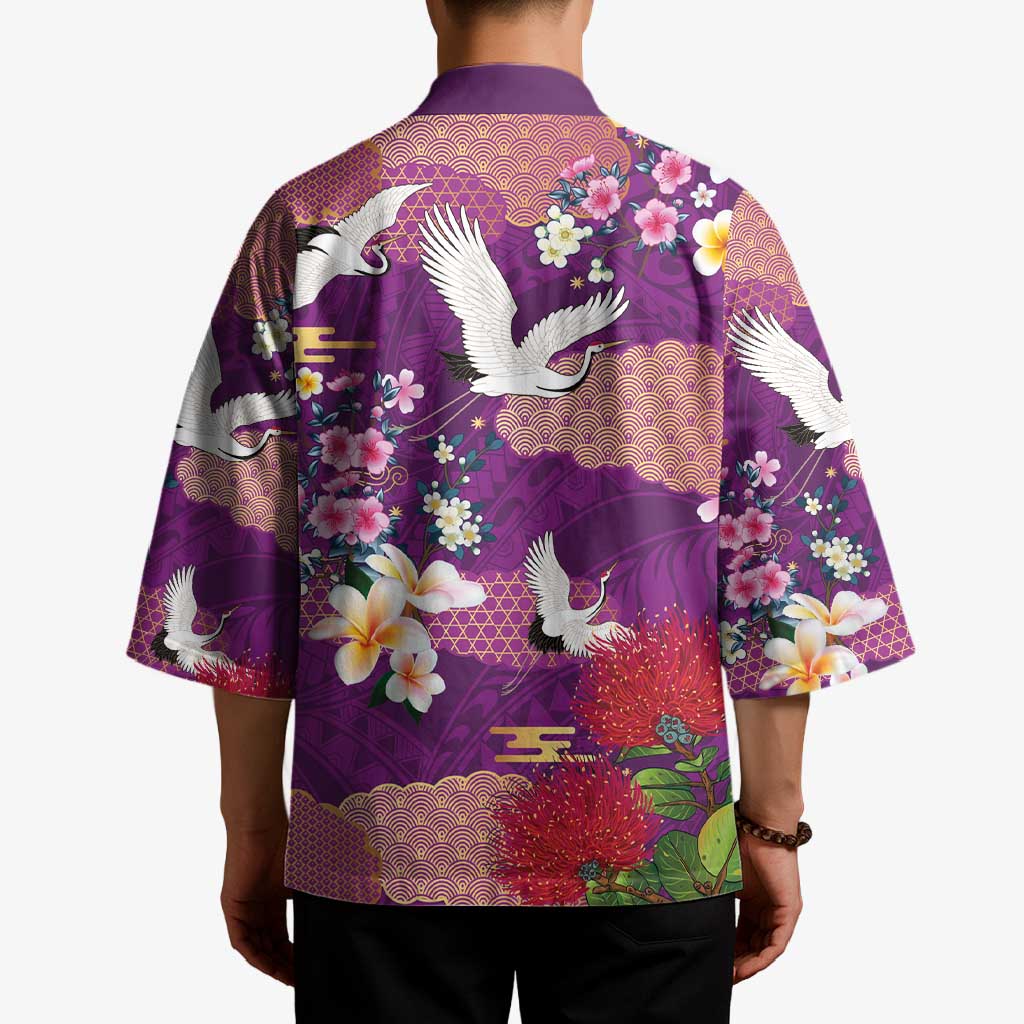 Hawaiian and Japanese Culture Together Kimono Purple Ohia Lehua Plumeria and Sakura Blooming - Polynesian Pride