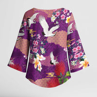 Hawaiian and Japanese Culture Together Kimono Sleeve Blouse Purple Ohia Lehua Plumeria and Sakura Blooming - Polynesian Pride