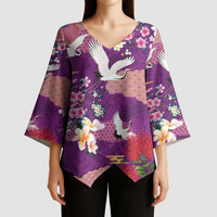 Hawaiian and Japanese Culture Together Kimono Sleeve Blouse Purple Ohia Lehua Plumeria and Sakura Blooming - Polynesian Pride