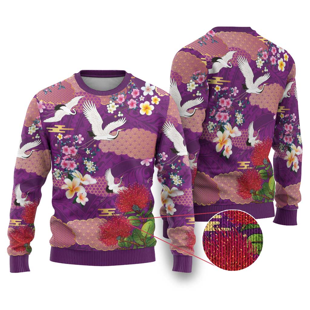 Hawaiian and Japanese Culture Together Ugly Christmas Sweater Purple Ohia Lehua Plumeria and Sakura Blooming - Polynesian Pride