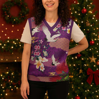 Hawaiian and Japanese Culture Together Christmas Knitted V-Neck Vest Purple Ohia Lehua Plumeria and Sakura Blooming LT03 - Polynesian Pride