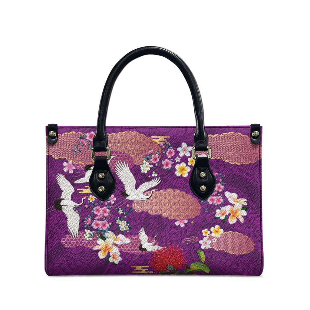 Hawaiian and Japanese Culture Together Leather Bag Purple Ohia Lehua Plumeria and Sakura Blooming - Polynesian Pride