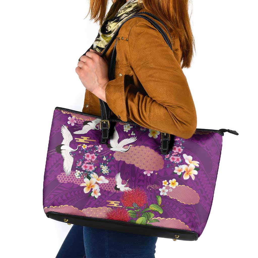 Hawaiian and Japanese Culture Together Leather Tote Bag Purple Ohia Lehua Plumeria and Sakura Blooming - Polynesian Pride