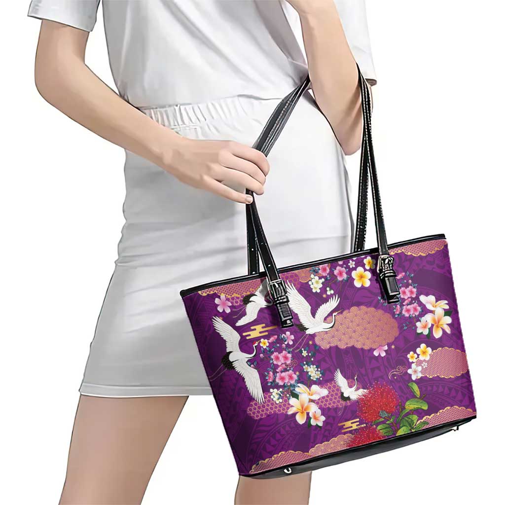 Hawaiian and Japanese Culture Together Leather Tote Bag Purple Ohia Lehua Plumeria and Sakura Blooming - Polynesian Pride