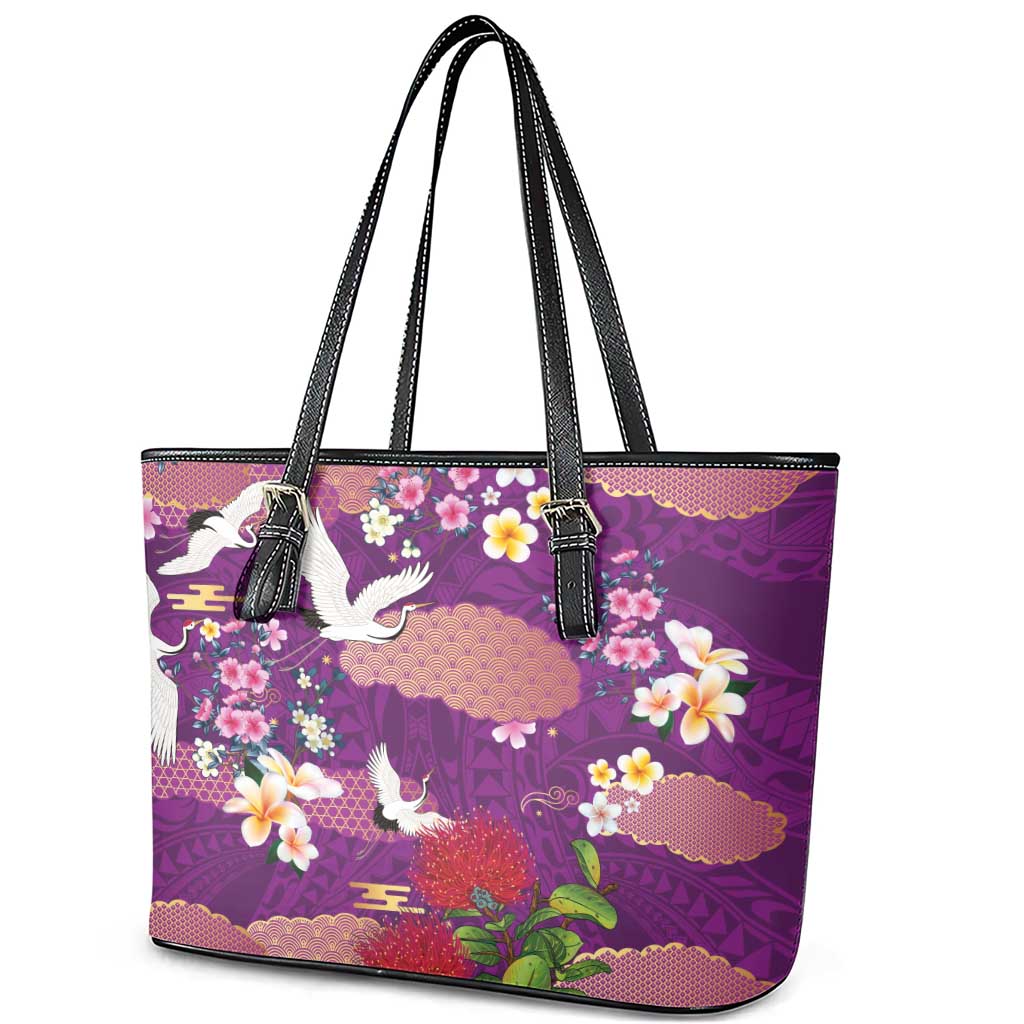 Hawaiian and Japanese Culture Together Leather Tote Bag Purple Ohia Lehua Plumeria and Sakura Blooming - Polynesian Pride