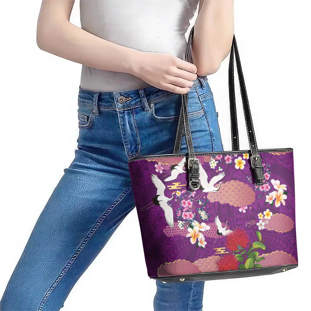 Hawaiian and Japanese Culture Together Leather Tote Bag Purple Ohia Lehua Plumeria and Sakura Blooming - Polynesian Pride