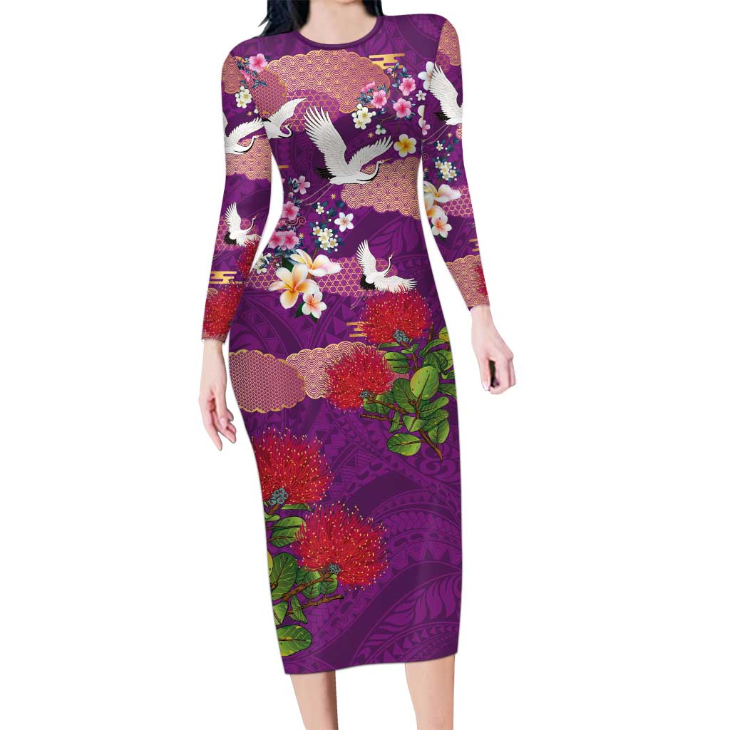 Hawaiian and Japanese Culture Together Long Sleeve Bodycon Dress Purple Ohia Lehua Plumeria and Sakura Blooming - Polynesian Pride