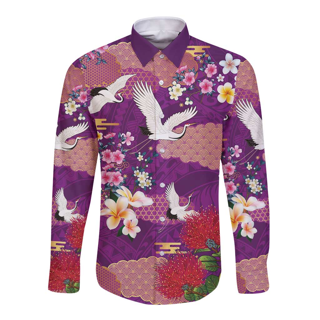 Hawaiian and Japanese Culture Together Long Sleeve Button Shirt Purple Ohia Lehua Plumeria and Sakura Blooming - Polynesian Pride