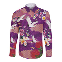 Hawaiian and Japanese Culture Together Long Sleeve Button Shirt Purple Ohia Lehua Plumeria and Sakura Blooming - Polynesian Pride