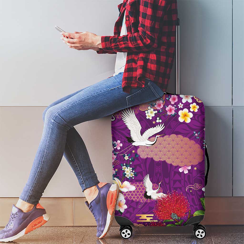 Hawaiian and Japanese Culture Together Luggage Cover Purple Ohia Lehua Plumeria and Sakura Blooming - Polynesian Pride