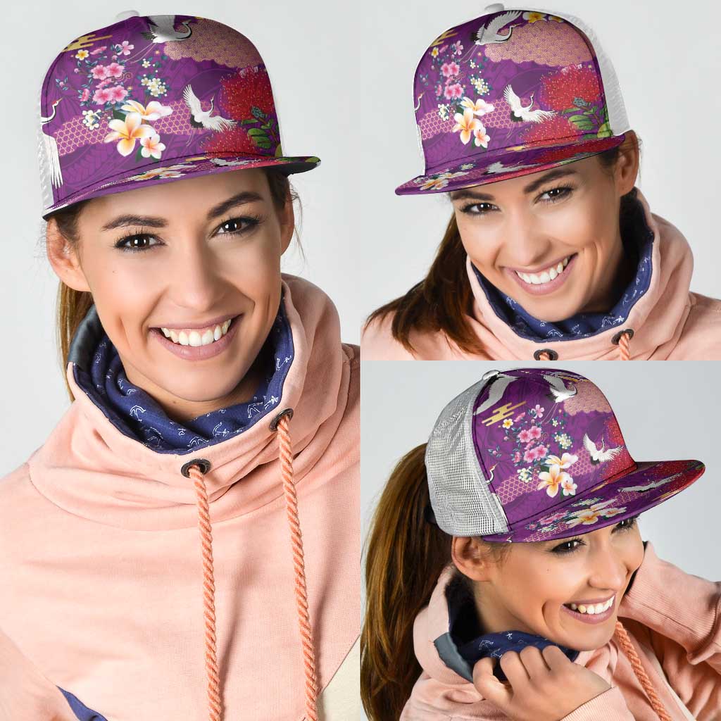 Hawaiian and Japanese Culture Together Mesh Trucker Cap Purple Ohia Lehua Plumeria and Sakura Blooming - Polynesian Pride