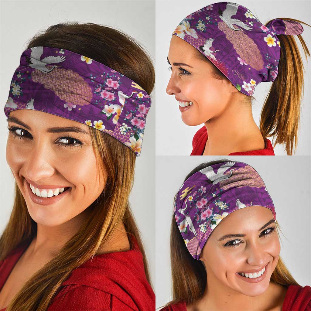 Hawaiian and Japanese Culture Together Neck Gaiter Purple Ohia Lehua Plumeria and Sakura Blooming - Polynesian Pride