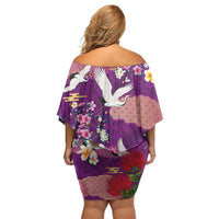 Hawaiian and Japanese Culture Together Off Shoulder Short Dress Purple Ohia Lehua Plumeria and Sakura Blooming - Polynesian Pride