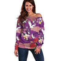 Hawaiian and Japanese Culture Together Off Shoulder Sweater Purple Ohia Lehua Plumeria and Sakura Blooming - Polynesian Pride