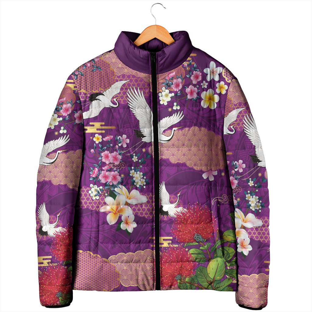 Hawaiian and Japanese Culture Together Padded Jacket Purple Ohia Lehua Plumeria and Sakura Blooming - Polynesian Pride