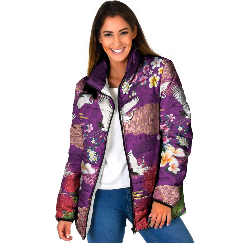 Hawaiian and Japanese Culture Together Padded Jacket Purple Ohia Lehua Plumeria and Sakura Blooming - Polynesian Pride
