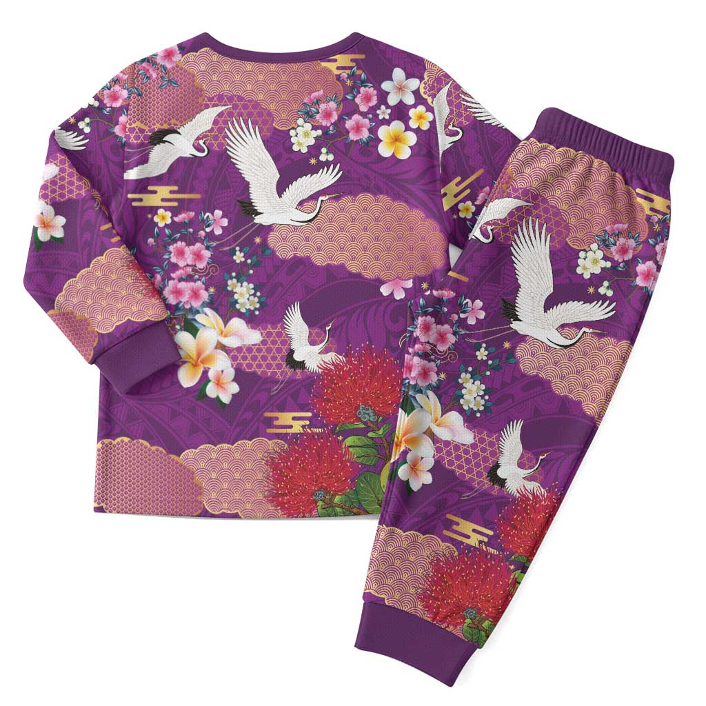 Hawaiian and Japanese Culture Together Christmas Pajama Set Purple Ohia Lehua Plumeria and Sakura Blooming - Polynesian Pride