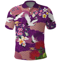 Hawaiian and Japanese Culture Together Polo Shirt Purple Ohia Lehua Plumeria and Sakura Blooming - Polynesian Pride