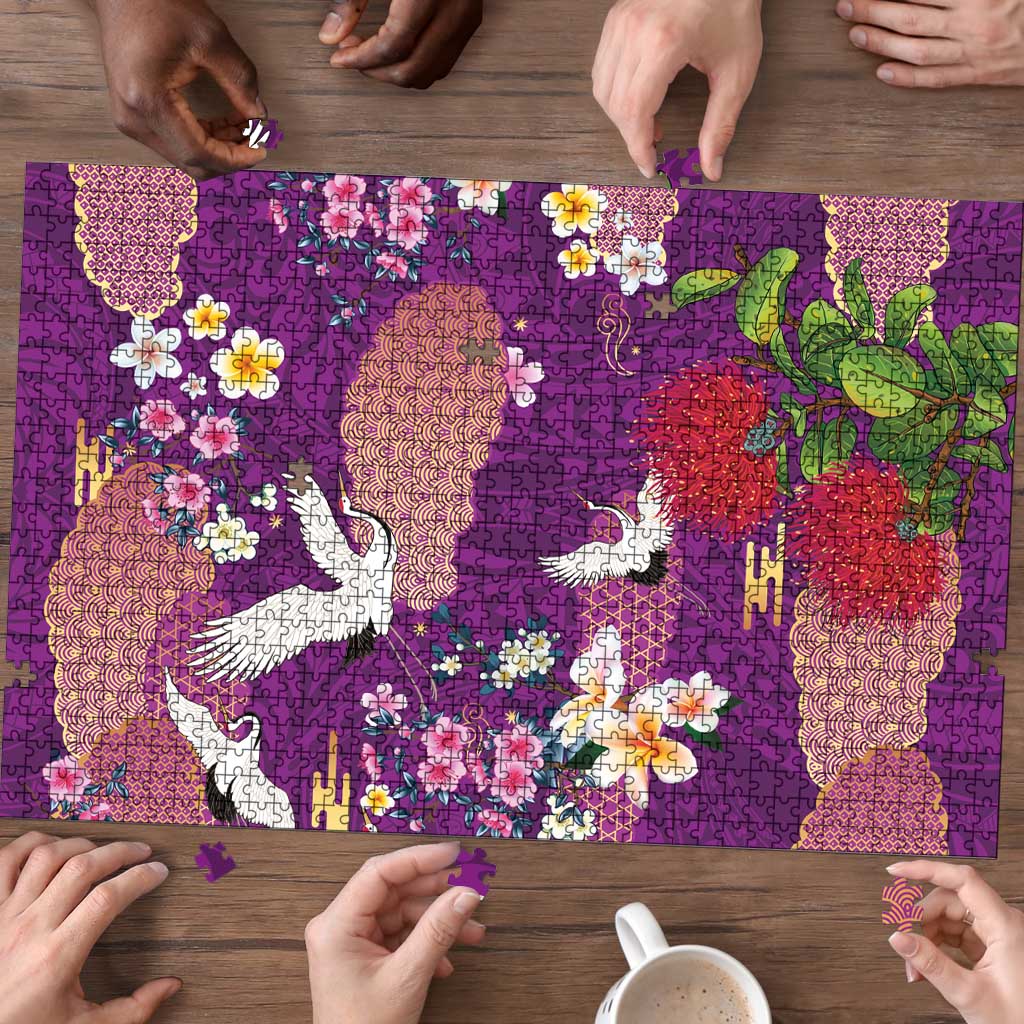 Hawaiian and Japanese Culture Together Puzzle Purple Ohia Lehua Plumeria and Sakura Blooming - Polynesian Pride