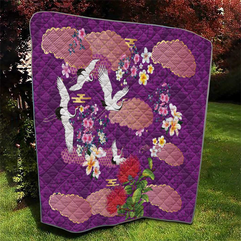 Hawaiian and Japanese Culture Together Quilt Purple Ohia Lehua Plumeria and Sakura Blooming - Polynesian Pride