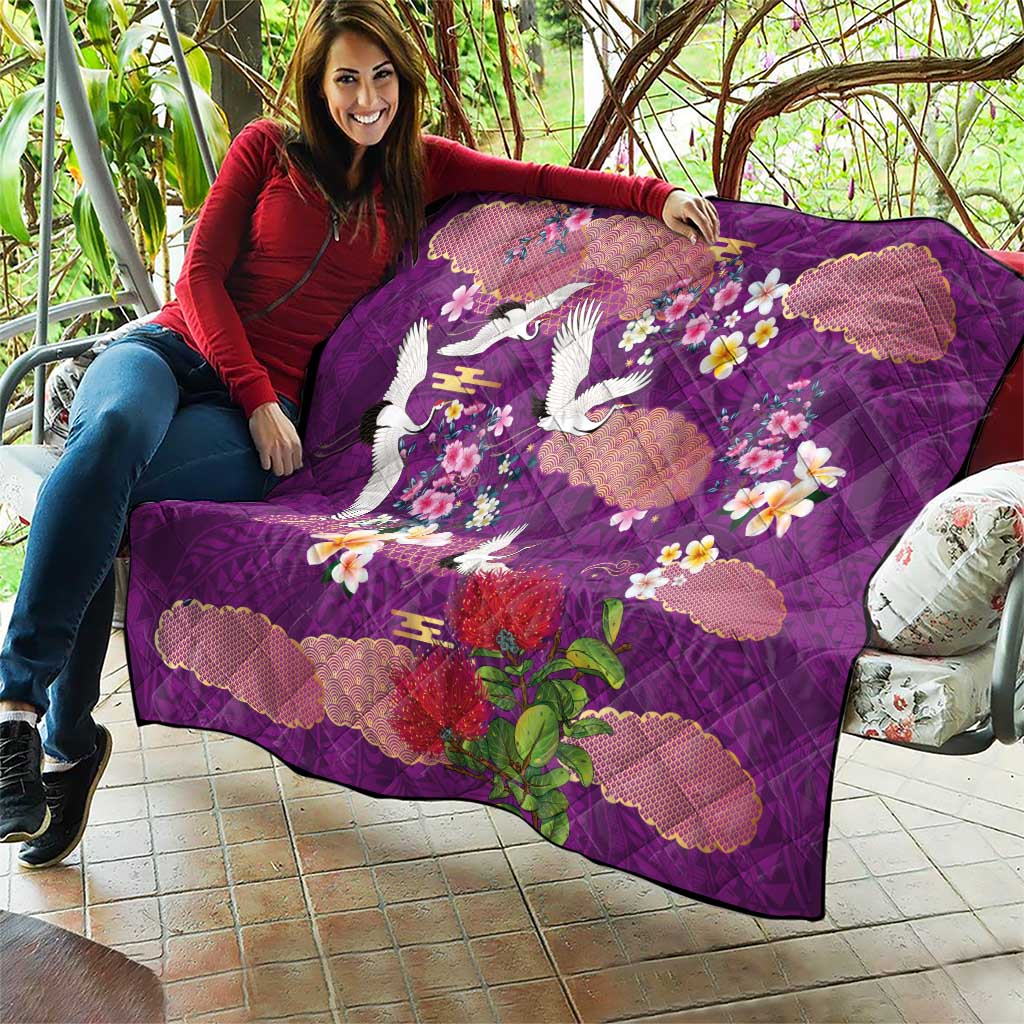 Hawaiian and Japanese Culture Together Quilt Purple Ohia Lehua Plumeria and Sakura Blooming - Polynesian Pride