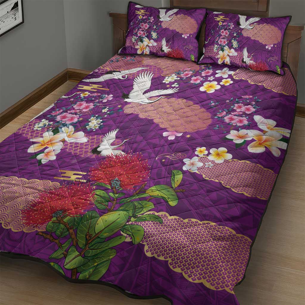 Hawaiian and Japanese Culture Together Quilt Bed Set Purple Ohia Lehua Plumeria and Sakura Blooming - Polynesian Pride