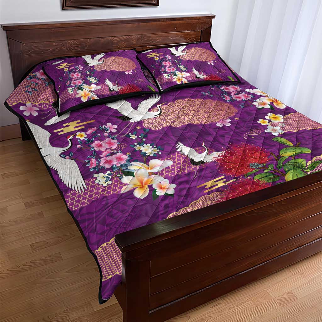 Hawaiian and Japanese Culture Together Quilt Bed Set Purple Ohia Lehua Plumeria and Sakura Blooming - Polynesian Pride