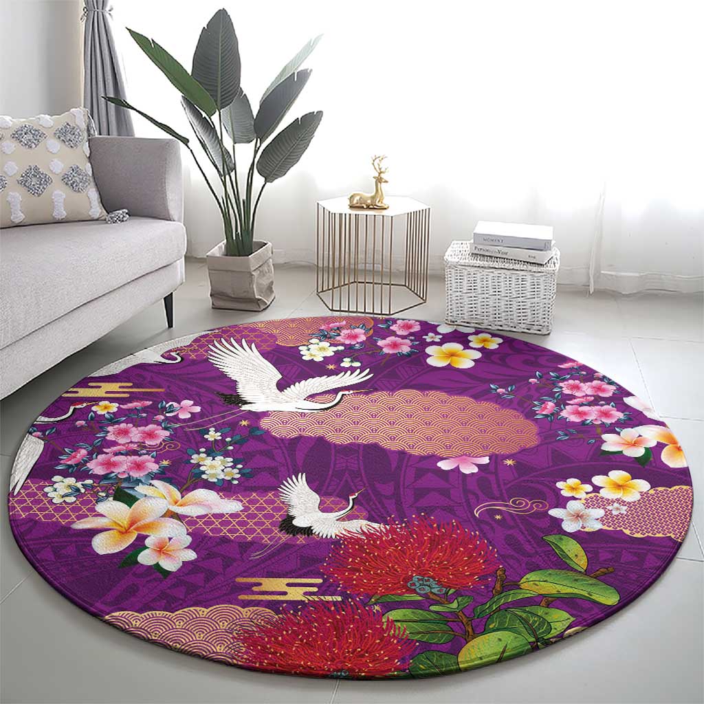 Hawaiian and Japanese Culture Together Round Carpet Purple Ohia Lehua Plumeria and Sakura Blooming - Polynesian Pride
