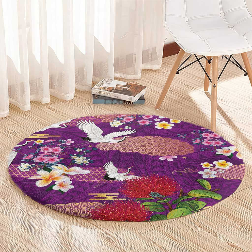 Hawaiian and Japanese Culture Together Round Carpet Purple Ohia Lehua Plumeria and Sakura Blooming - Polynesian Pride