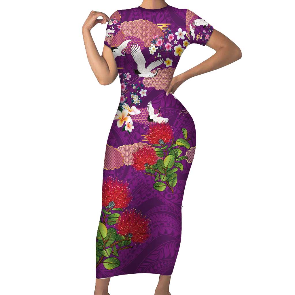 Hawaiian and Japanese Culture Together Short Sleeve Bodycon Dress Purple Ohia Lehua Plumeria and Sakura Blooming - Polynesian Pride