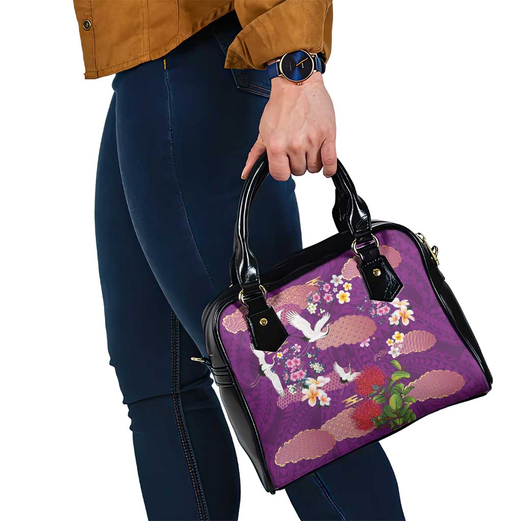 Hawaiian and Japanese Culture Together Shoulder Handbag Purple Ohia Lehua Plumeria and Sakura Blooming - Polynesian Pride