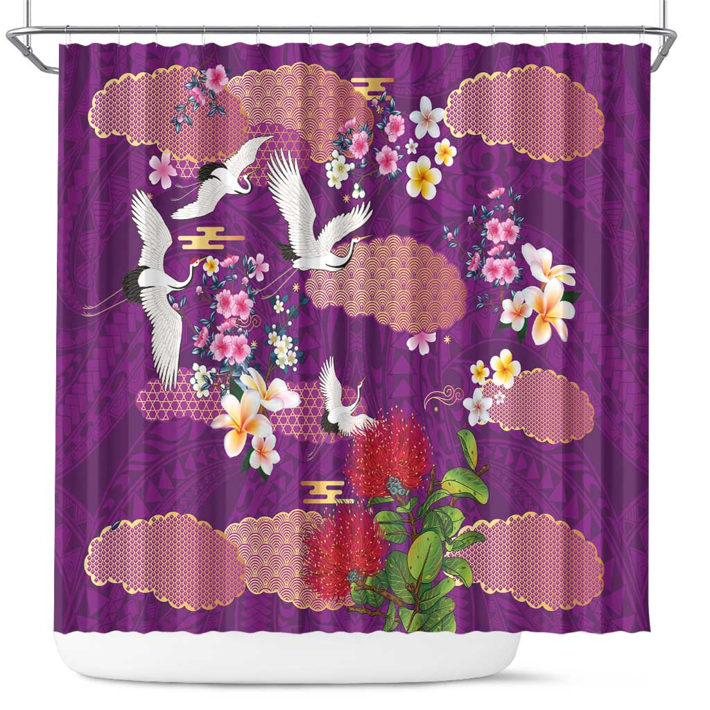 Hawaiian and Japanese Culture Together Shower Curtain Purple Ohia Lehua Plumeria and Sakura Blooming - Polynesian Pride