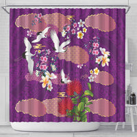 Hawaiian and Japanese Culture Together Shower Curtain Purple Ohia Lehua Plumeria and Sakura Blooming - Polynesian Pride