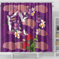 Hawaiian and Japanese Culture Together Shower Curtain Purple Ohia Lehua Plumeria and Sakura Blooming - Polynesian Pride