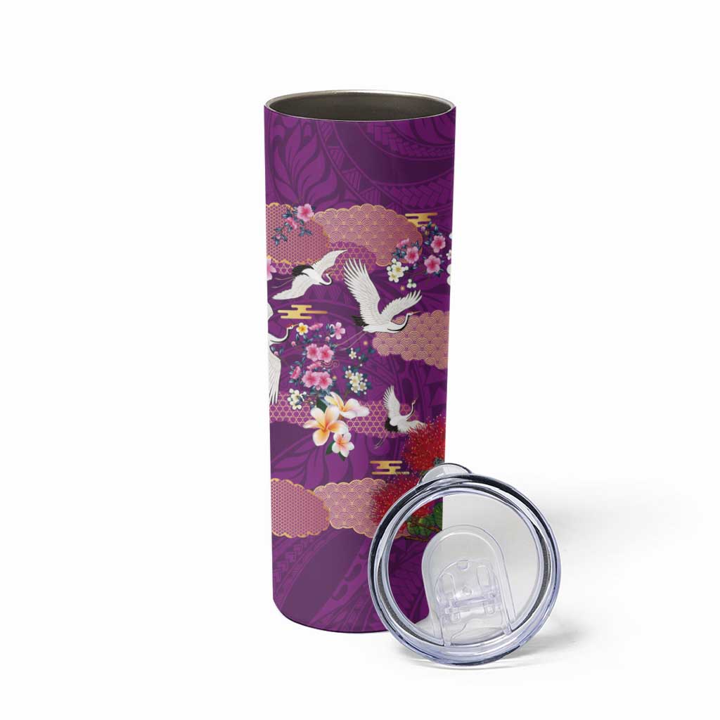 Hawaiian and Japanese Culture Together Skinny Tumbler Purple Ohia Lehua Plumeria and Sakura Blooming - Polynesian Pride