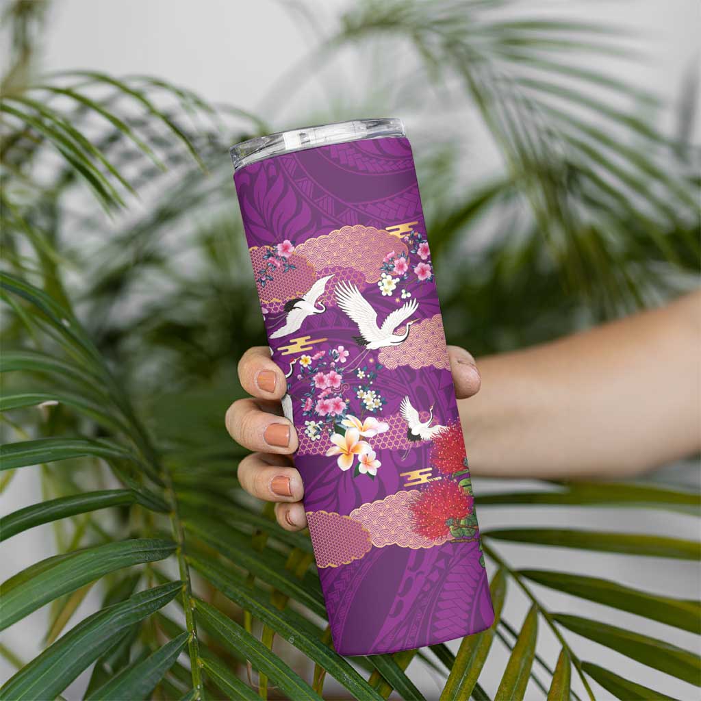 Hawaiian and Japanese Culture Together Skinny Tumbler Purple Ohia Lehua Plumeria and Sakura Blooming - Polynesian Pride