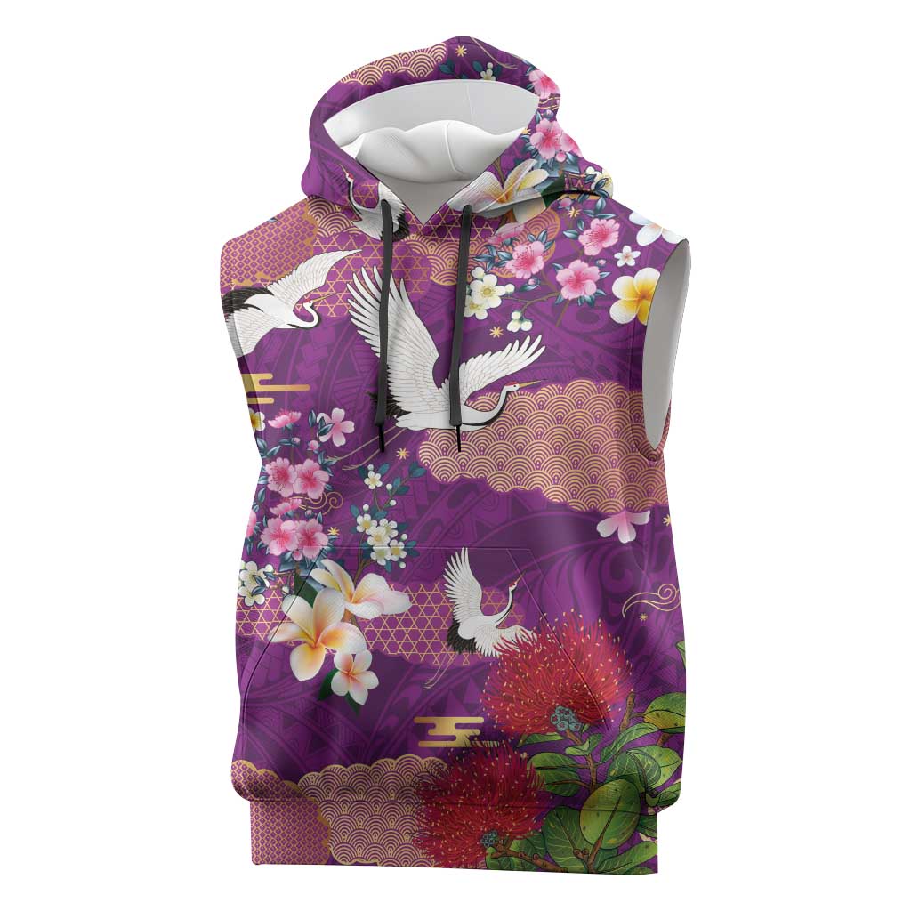 Hawaiian and Japanese Culture Together Sleeveless Hoodie Purple Ohia Lehua Plumeria and Sakura Blooming - Polynesian Pride