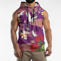 Hawaiian and Japanese Culture Together Sleeveless Hoodie Purple Ohia Lehua Plumeria and Sakura Blooming - Polynesian Pride