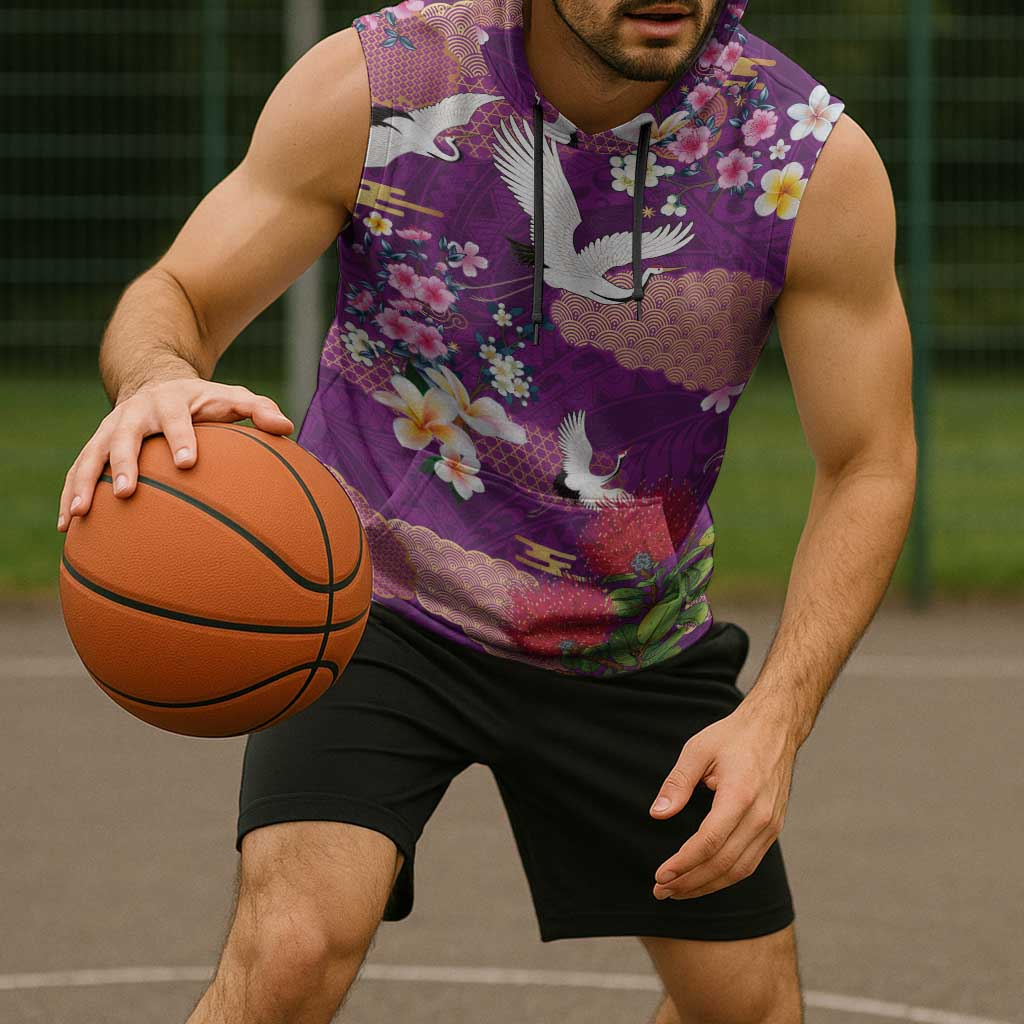 Hawaiian and Japanese Culture Together Sleeveless Hoodie Purple Ohia Lehua Plumeria and Sakura Blooming - Polynesian Pride