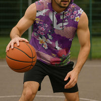 Hawaiian and Japanese Culture Together Sleeveless Hoodie Purple Ohia Lehua Plumeria and Sakura Blooming - Polynesian Pride