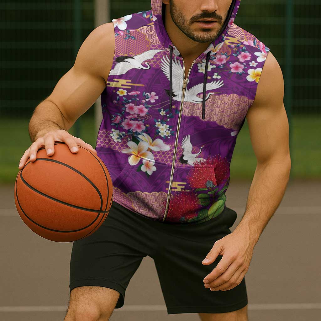 Hawaiian and Japanese Culture Together Sleeveless Zip Hoodie Purple Ohia Lehua Plumeria and Sakura Blooming - Polynesian Pride