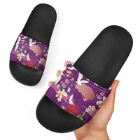 Hawaiian and Japanese Culture Together Slide Sandals Purple Ohia Lehua Plumeria and Sakura Blooming - Polynesian Pride
