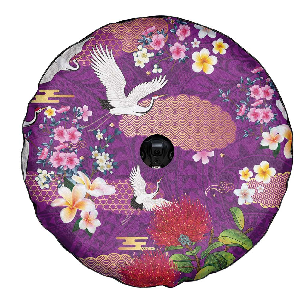 Hawaiian and Japanese Culture Together Spare Tire Cover Purple Ohia Lehua Plumeria and Sakura Blooming - Polynesian Pride