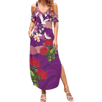 Hawaiian and Japanese Culture Together Summer Maxi Dress Purple Ohia Lehua Plumeria and Sakura Blooming - Polynesian Pride