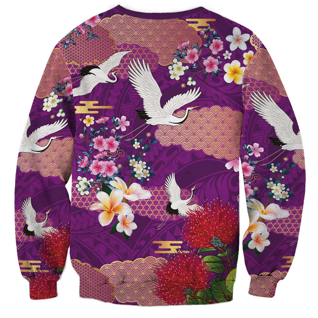 Hawaiian and Japanese Culture Together Sweatshirt Purple Ohia Lehua Plumeria and Sakura Blooming - Polynesian Pride