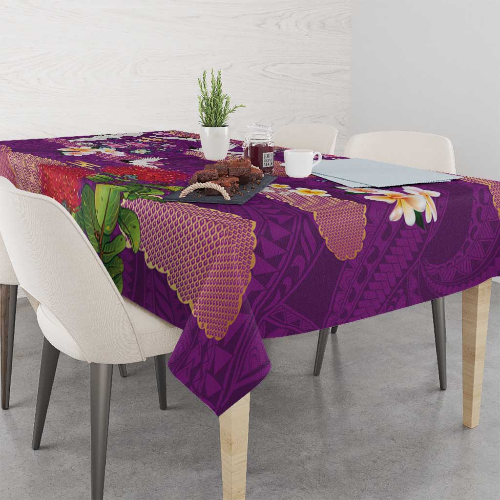 Hawaiian and Japanese Culture Together Tablecloth Purple Ohia Lehua Plumeria and Sakura Blooming - Polynesian Pride