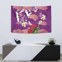 Hawaiian and Japanese Culture Together Tapestry Purple Ohia Lehua Plumeria and Sakura Blooming - Polynesian Pride